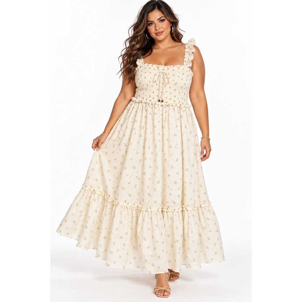 HM Womens XXL Cream Floral Smocked Tiered Maxi Dress Ruffle Strap NWT